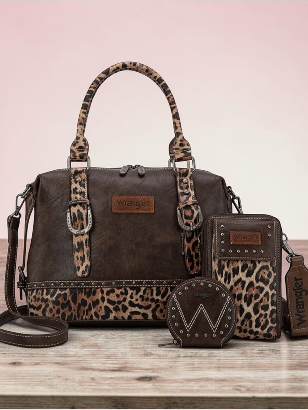 Wrangler Brown 3 piece doctor set Satchel with Leopard-Print Accents